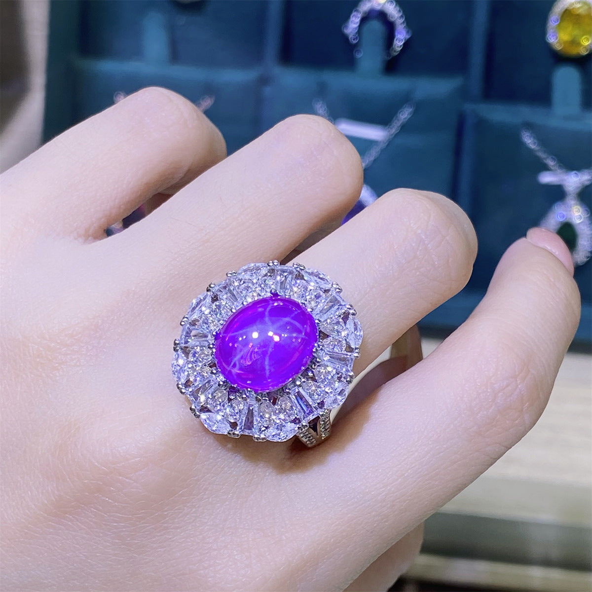 Purple Star Dove Egg-shaped Simulation Amethyst Full Diamond Rings