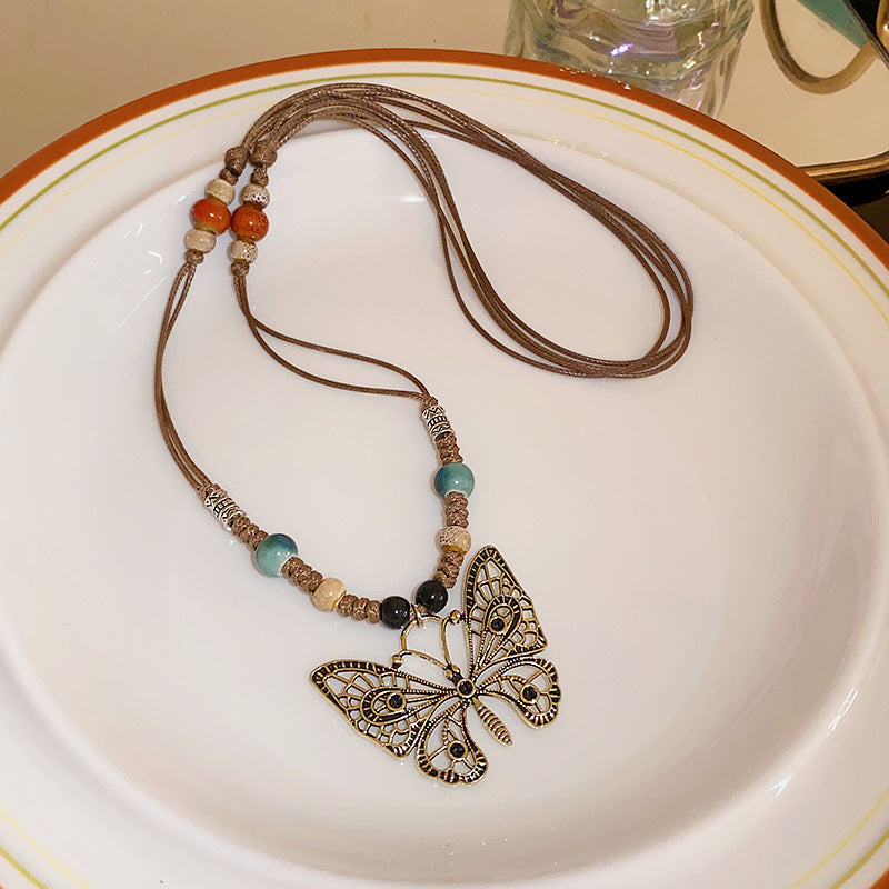 Women's Series Tigereye Butterfly Chinese Retro Beaded Sweater Necklaces