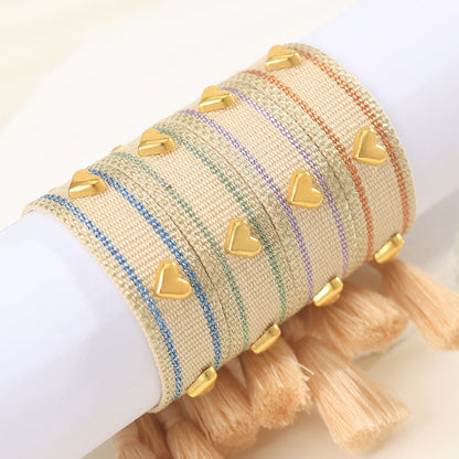 Couple Golden Heart-shaped Carrying Strap Hand-woven Tassel Bracelets