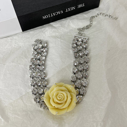 Color Three-dimensional Large Rose Catwalk Temperament Rhinestone Necklaces