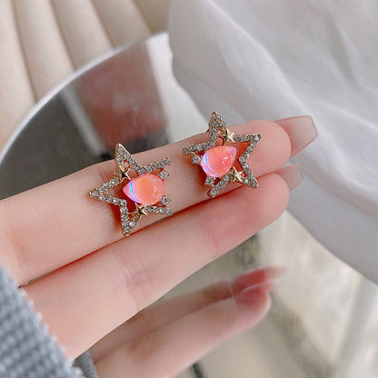 Needle Simple Pentagram Design Pink Zircon Earrings