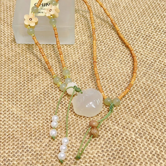 Round Beads Accessories Boxwood Carved Lotus Necklaces