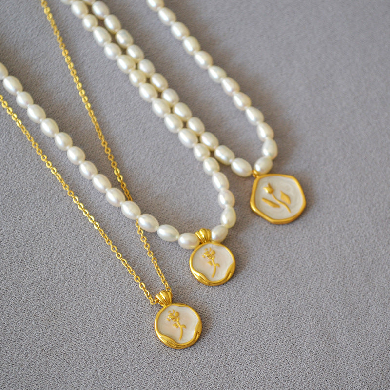 French Elegant Pearl White Enamel Vintage Rose Gold Coin Necklaces