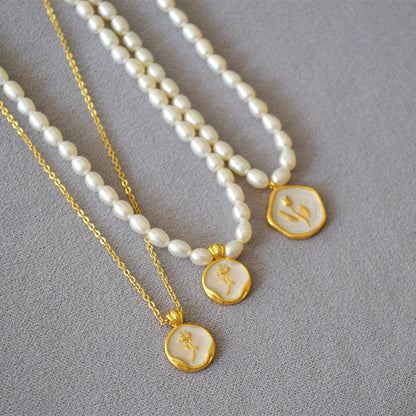French Elegant Pearl White Enamel Vintage Rose Gold Coin Necklaces
