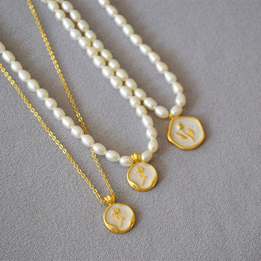 French Elegant Pearl White Enamel Vintage Rose Gold Coin Necklaces