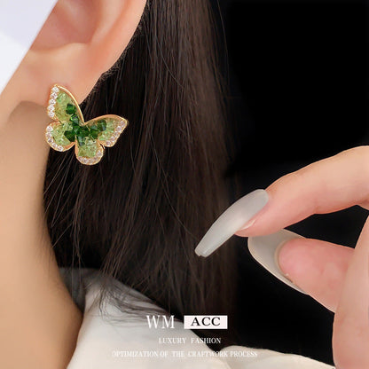 Women's Electroplated Sier Needle Zircon Green Butterfly Refreshing Earrings