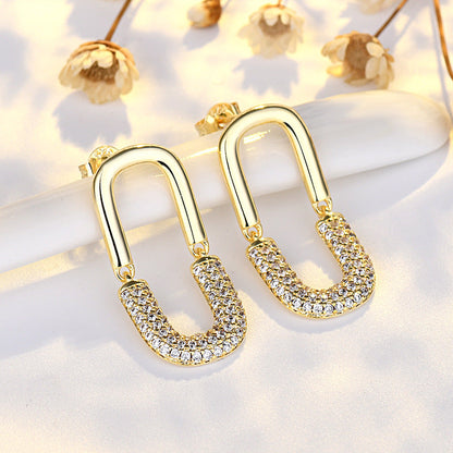 Gold Plated Double U-shaped Full Diamond Female Earrings