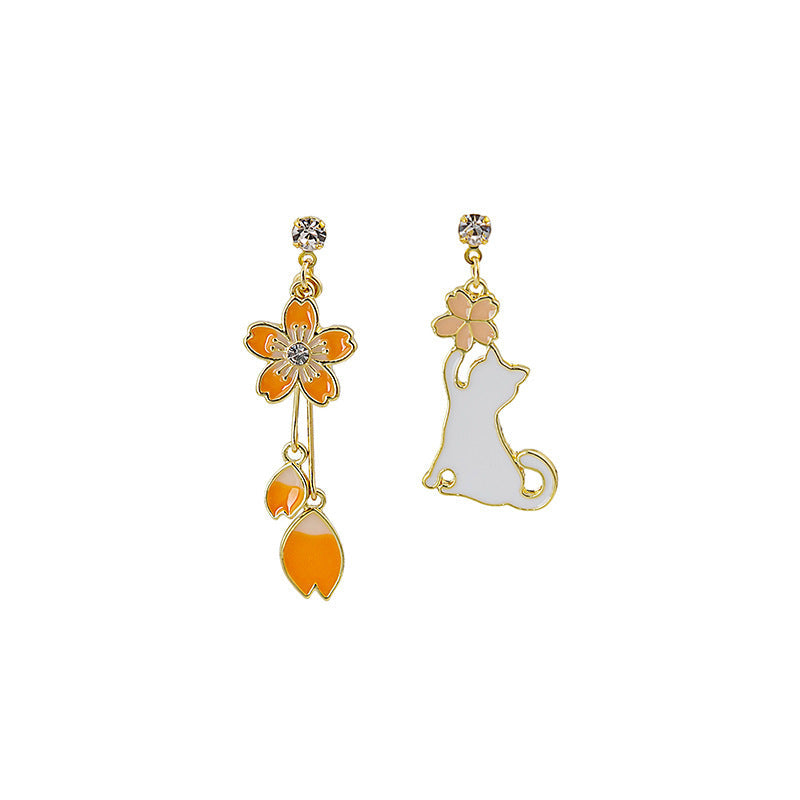 Women's Cartoon Long Asymmetric Flower Cat Fox Earrings