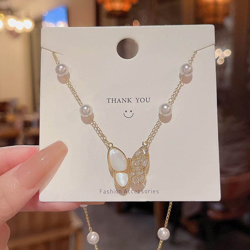 Women's Pearl Light Luxury Minority Long Tassel Butterfly Necklaces