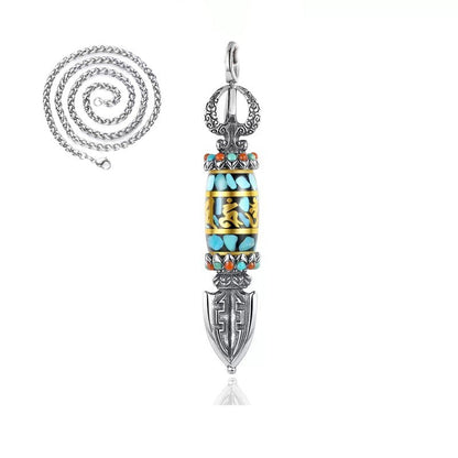 Men's Sier Vajra Pendant Turquoise Six Words Mantra Necklaces