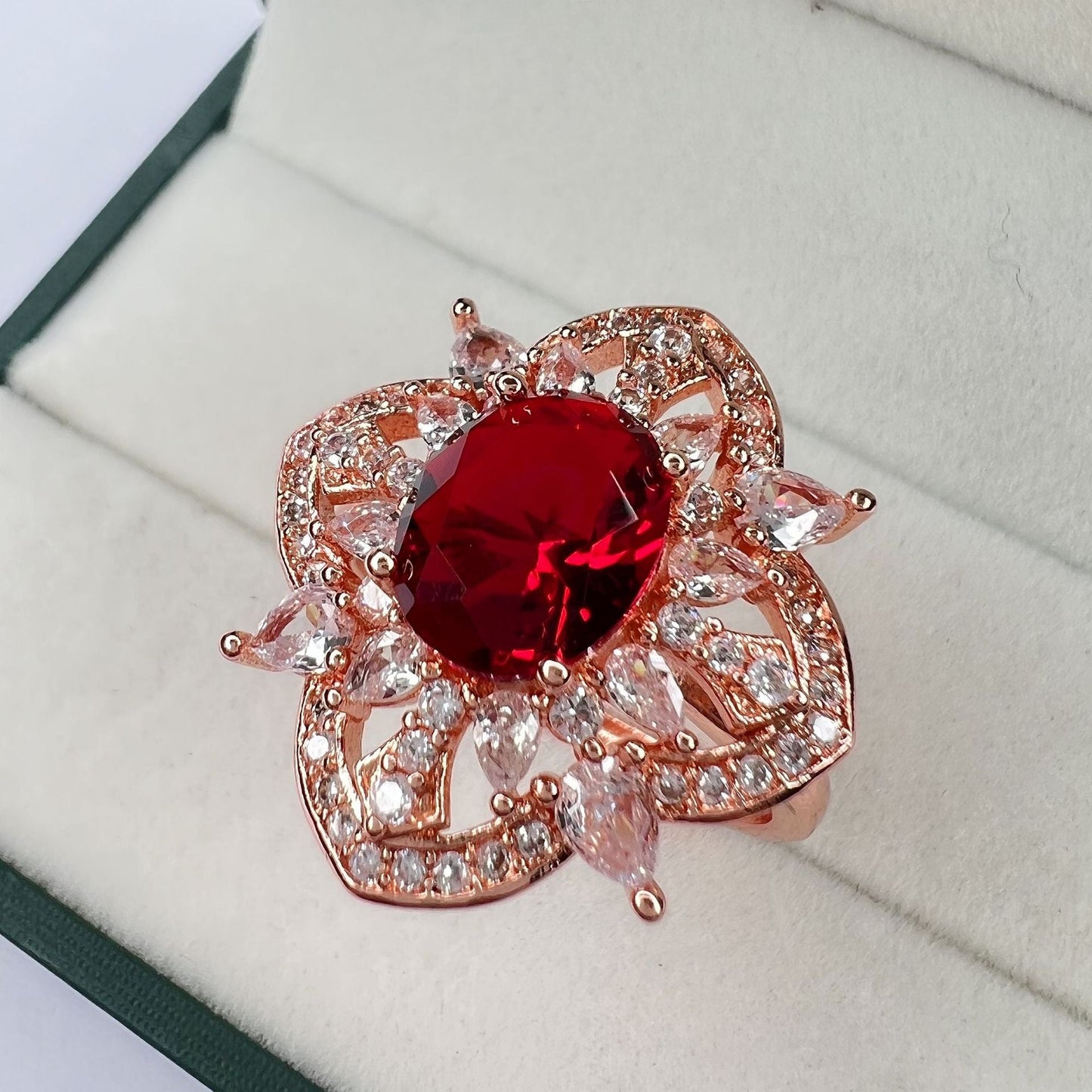 Light Luxury Blooming Flower Open Ruby Rings