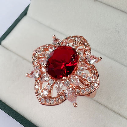 Light Luxury Blooming Flower Open Ruby Rings