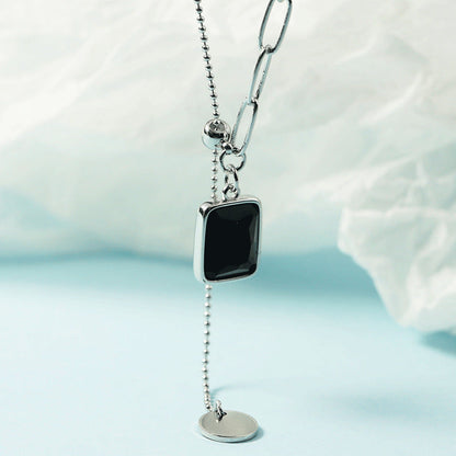 Women's Square Tassel Shaft Pull Geometric Black Agate Necklaces