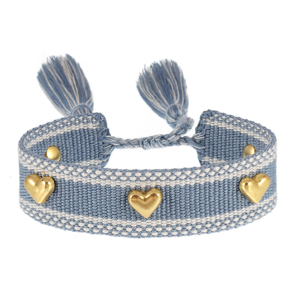 Couple Golden Heart-shaped Carrying Strap Hand-woven Tassel Bracelets