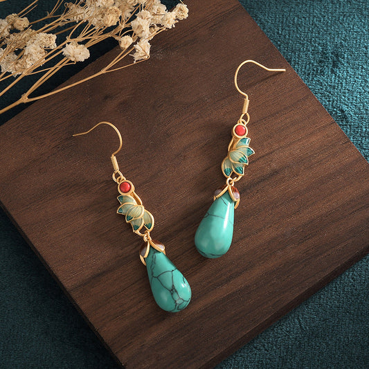 Gold Enamel Drip Glazed Imitation Turquoise Eardrops Earrings