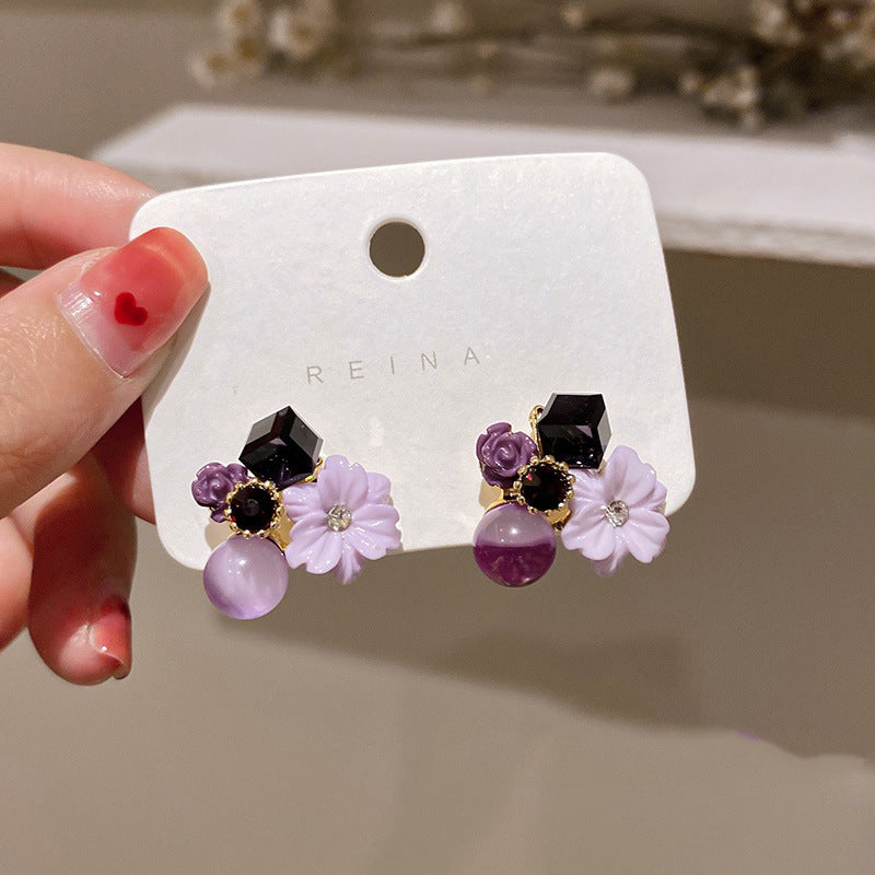 Purple Pearl Diamond Flower Fashion Geometry Pattern Temperament Wild Earrings