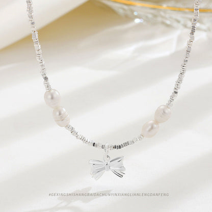 Sier Freshwater Pearl Bow Square Small Necklaces