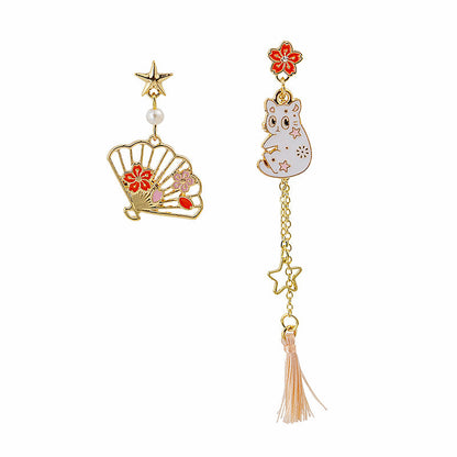 Women's Cartoon Long Asymmetric Flower Cat Fox Earrings