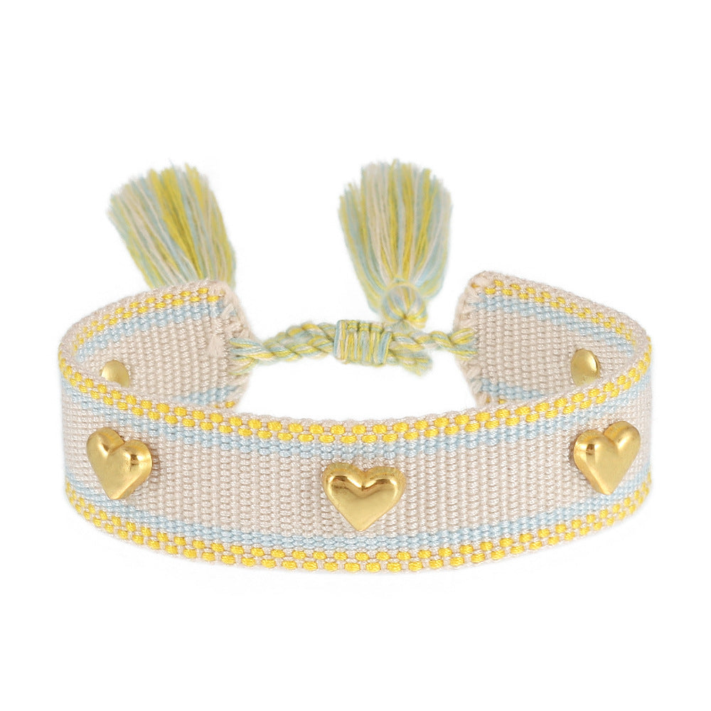 Couple Golden Heart-shaped Carrying Strap Hand-woven Tassel Bracelets