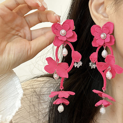 Fashionable Long Dopamine Flocking Flower Elegant Earrings