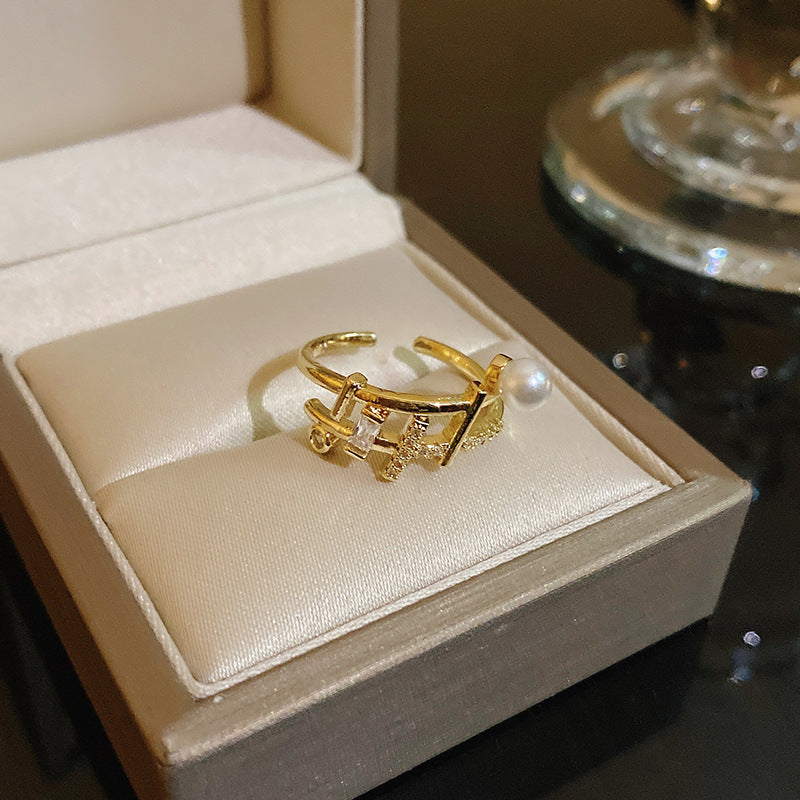 Pearl Zircon With Diamond Open Adjustable Rings