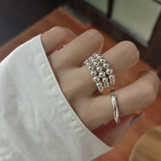 Sier Korean Style Fashion Gradient Round Beads Handmade Rings