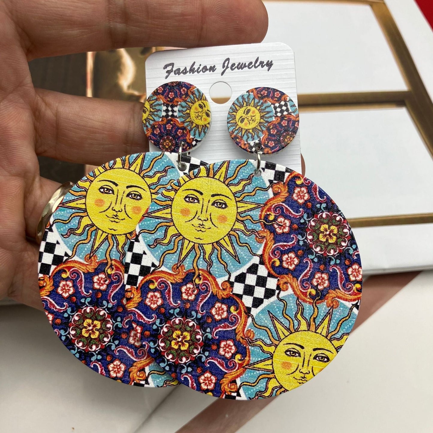 Italian Church Ceramic Pattern Large Wooden Earrings