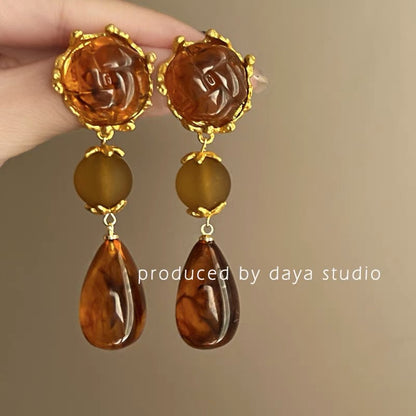 Style Amber Resin Drop-shaped Long Elegant High Earrings