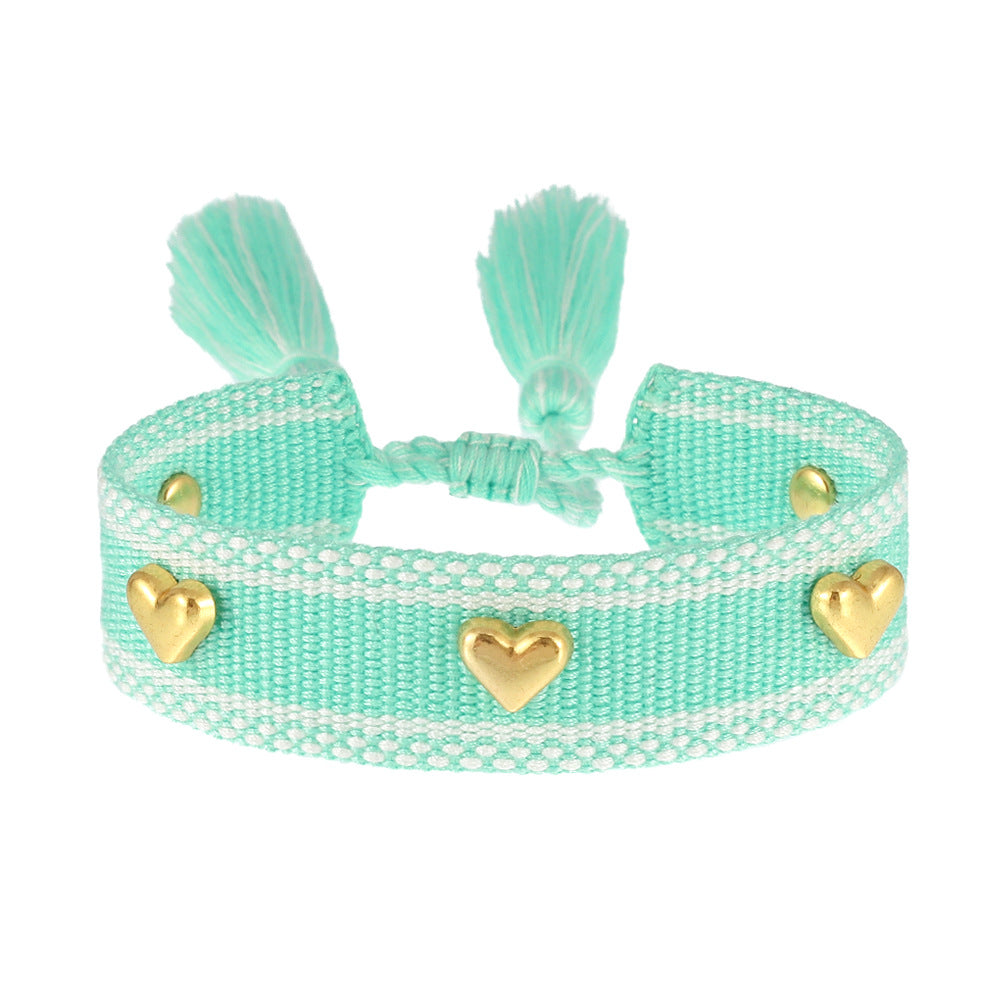 Couple Golden Heart-shaped Carrying Strap Hand-woven Tassel Bracelets