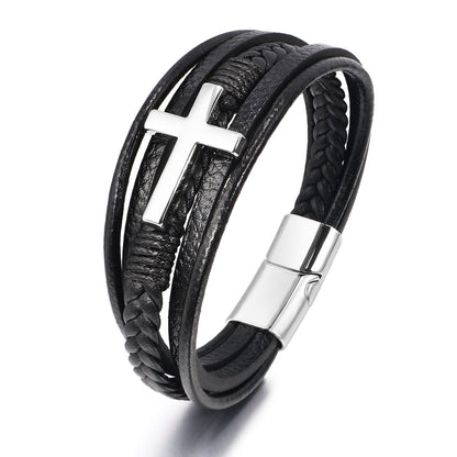 Men's Cross Leather Handmade Braided Rope Magnetic Bracelets