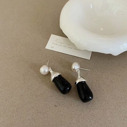 Design Black Natural Stone Pearl Metal Female Niche Retro Earrings