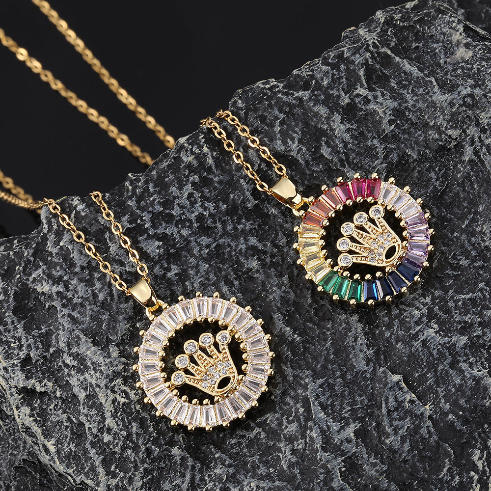 Women's Design Color Zircon Gold Plated Crown Sweet Necklaces