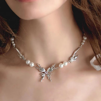 French Style Ethereal Design Butterfly Wings Pearl Clavicle Chain Necklaces