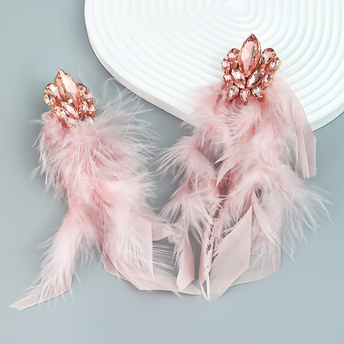 Diamond Flower Long Feather Tassel Female Earrings