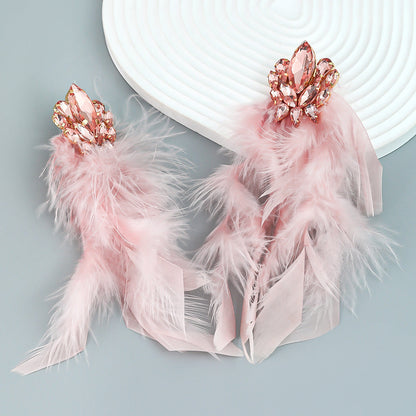 Diamond Flower Long Feather Tassel Female Earrings