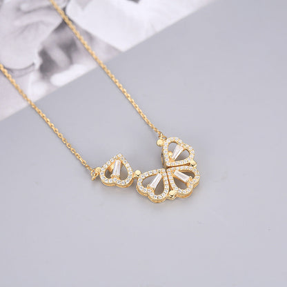Print Open And Close Folding Four-leaf Clover Heart Necklaces