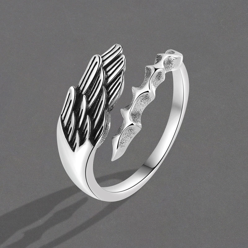 Men's Angels Demons Single Imitation Thai Sier Black Angel Rings