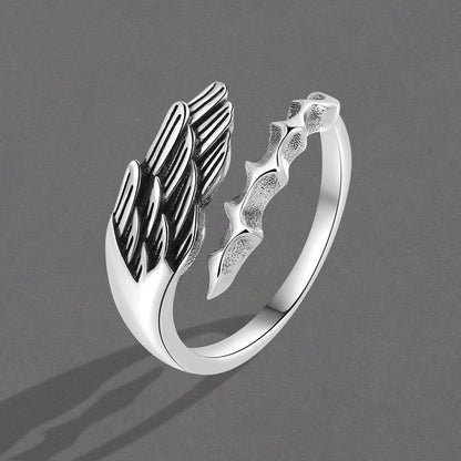 Men's Angels Demons Single Imitation Thai Sier Black Angel Rings