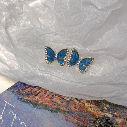 Women's Needle Drip Glazed Rhinestone Blue White Earrings