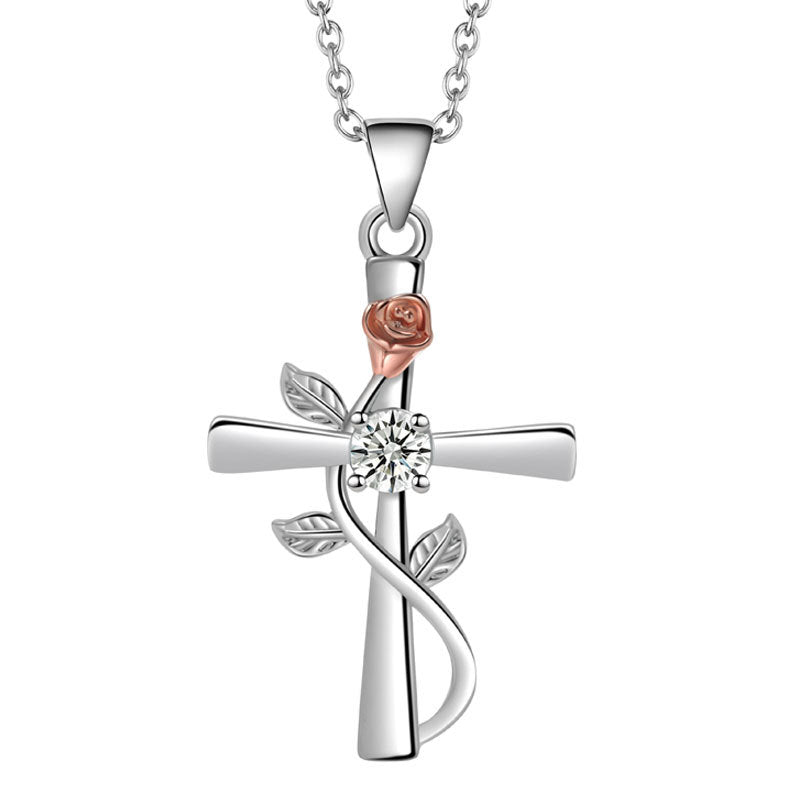 Fashion Cross Rose Inlaid With Diamond Necklaces