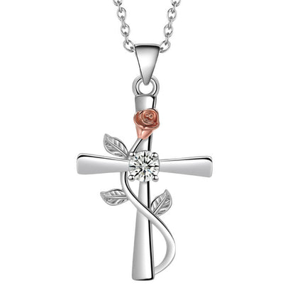 Fashion Cross Rose Inlaid With Diamond Necklaces