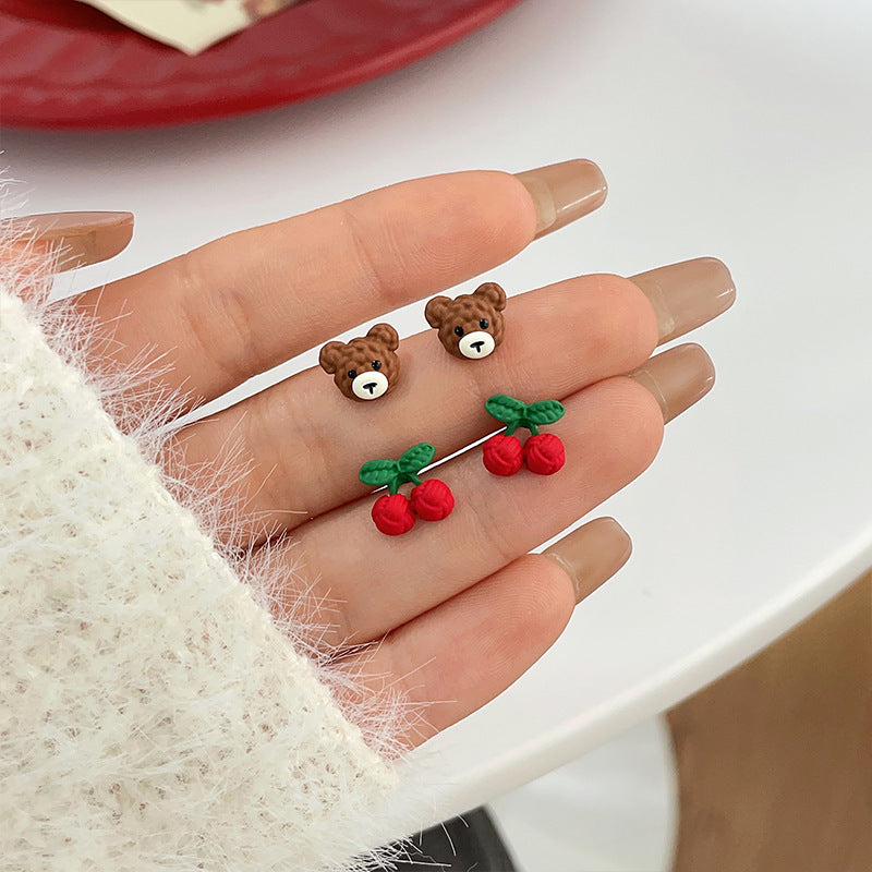 Small Cute Cherry Female Temperament Bear Fresh Earrings