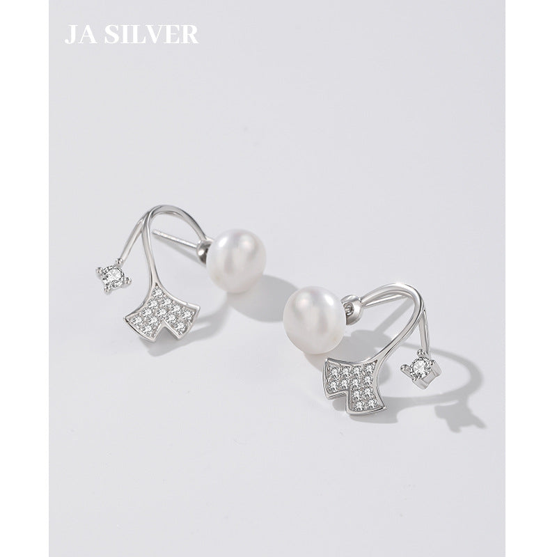 Women's Ginkgo Leaf Freshwater Pearl Ear Korean One Pair Wear Earrings