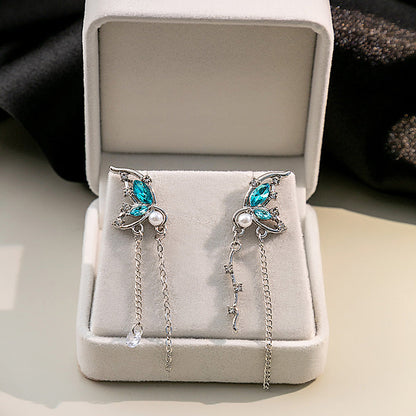 Style Butterfly Pearl Asymmetric Design Long Tassel Earrings