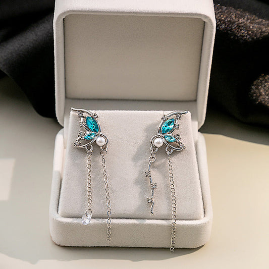Style Butterfly Pearl Asymmetric Design Long Tassel Earrings