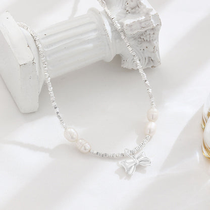 Sier Freshwater Pearl Bow Square Small Necklaces