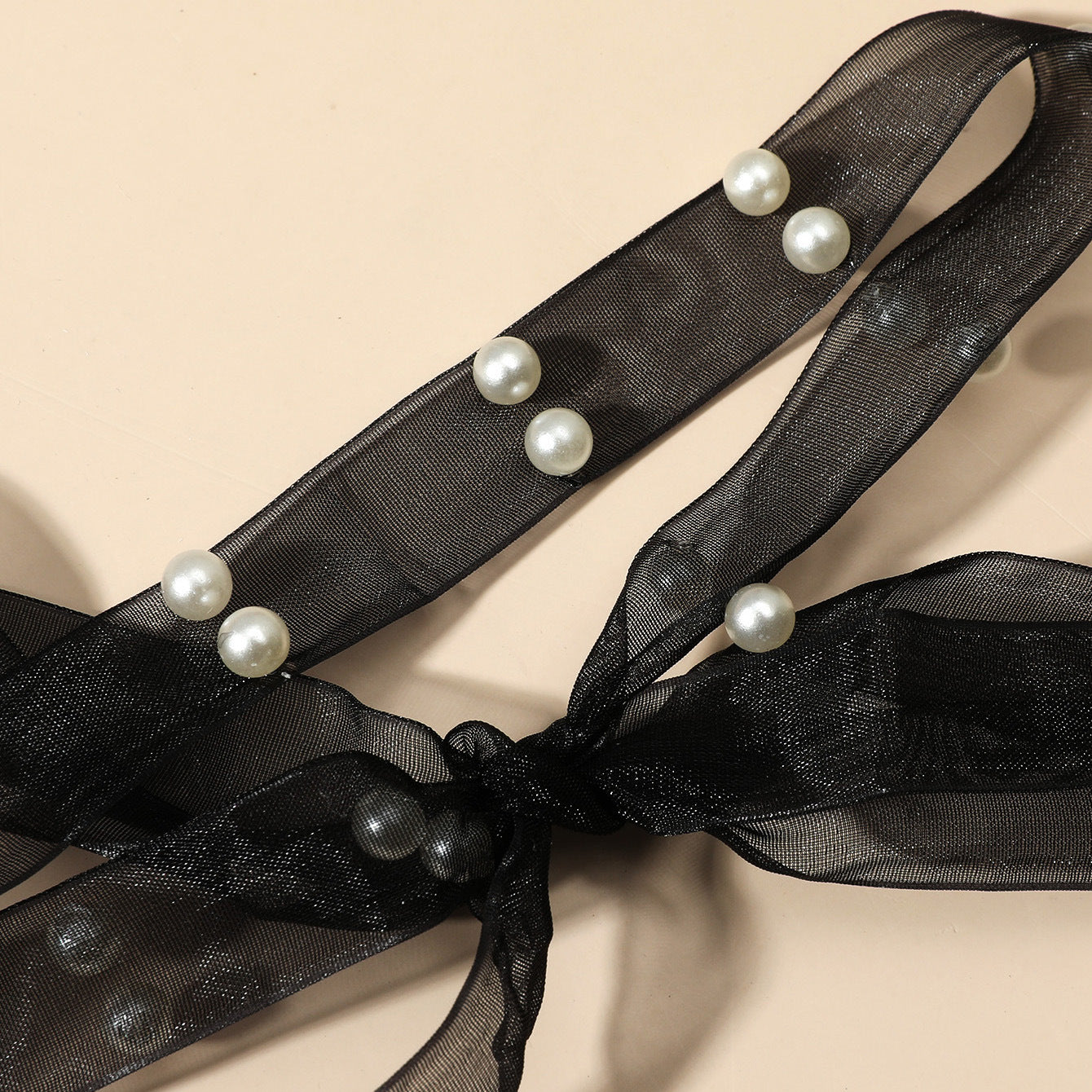 Women's Sweet Lady Black Mesh Ribbon Pearl Necklaces