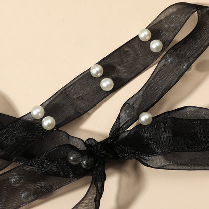 Women's Sweet Lady Black Mesh Ribbon Pearl Necklaces
