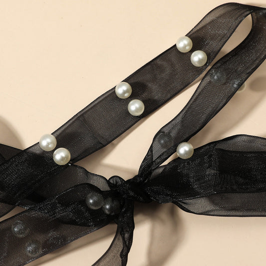 Women's Sweet Lady Black Mesh Ribbon Pearl Necklaces