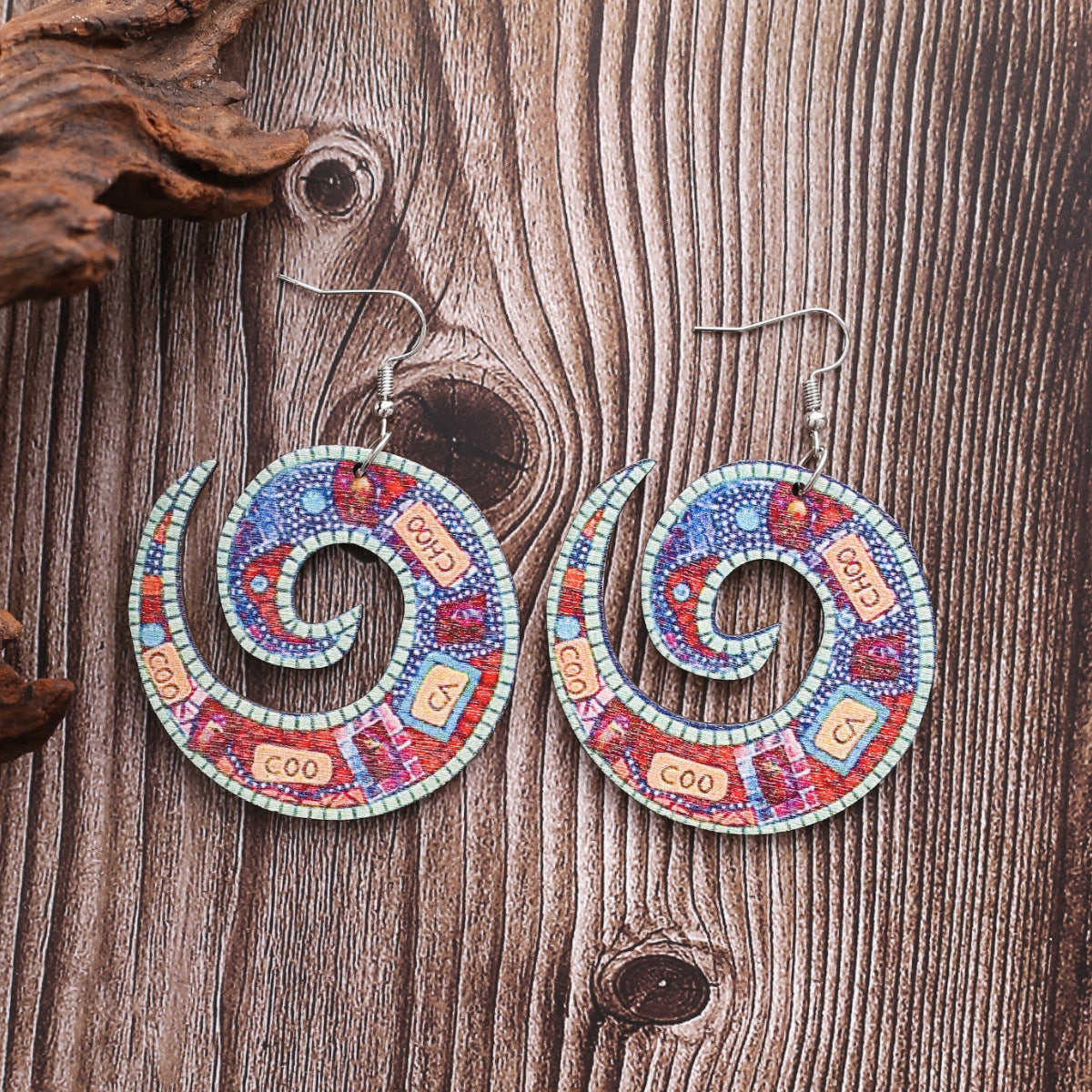 Retro Ethnic Style Fashion Skull Totem Printing Wooden Earrings